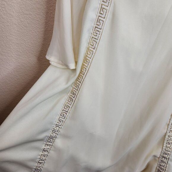 Vintage 60s Mod Dress Size S Ivory Gold Grecian Greek Key Wedding Flounce Sleeve - Picture 7 of 11